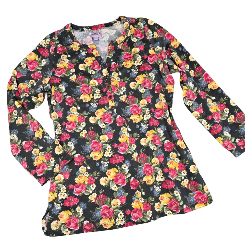 Floral Henley Shirt Top Roses Long Sleeve Large Cottagecore Feminine Grandmacore